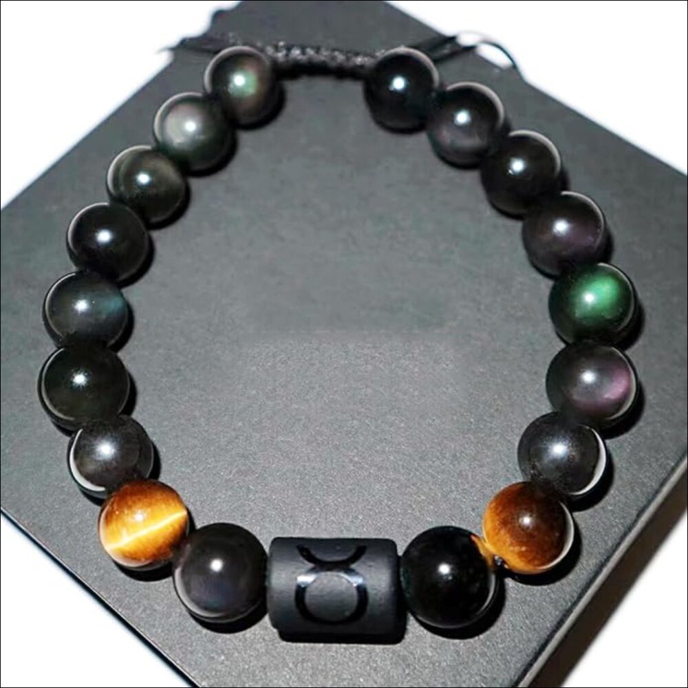 Handmade Crystal Bracelet with Tiger Eye Hematite Rainbow Obsidian Beads